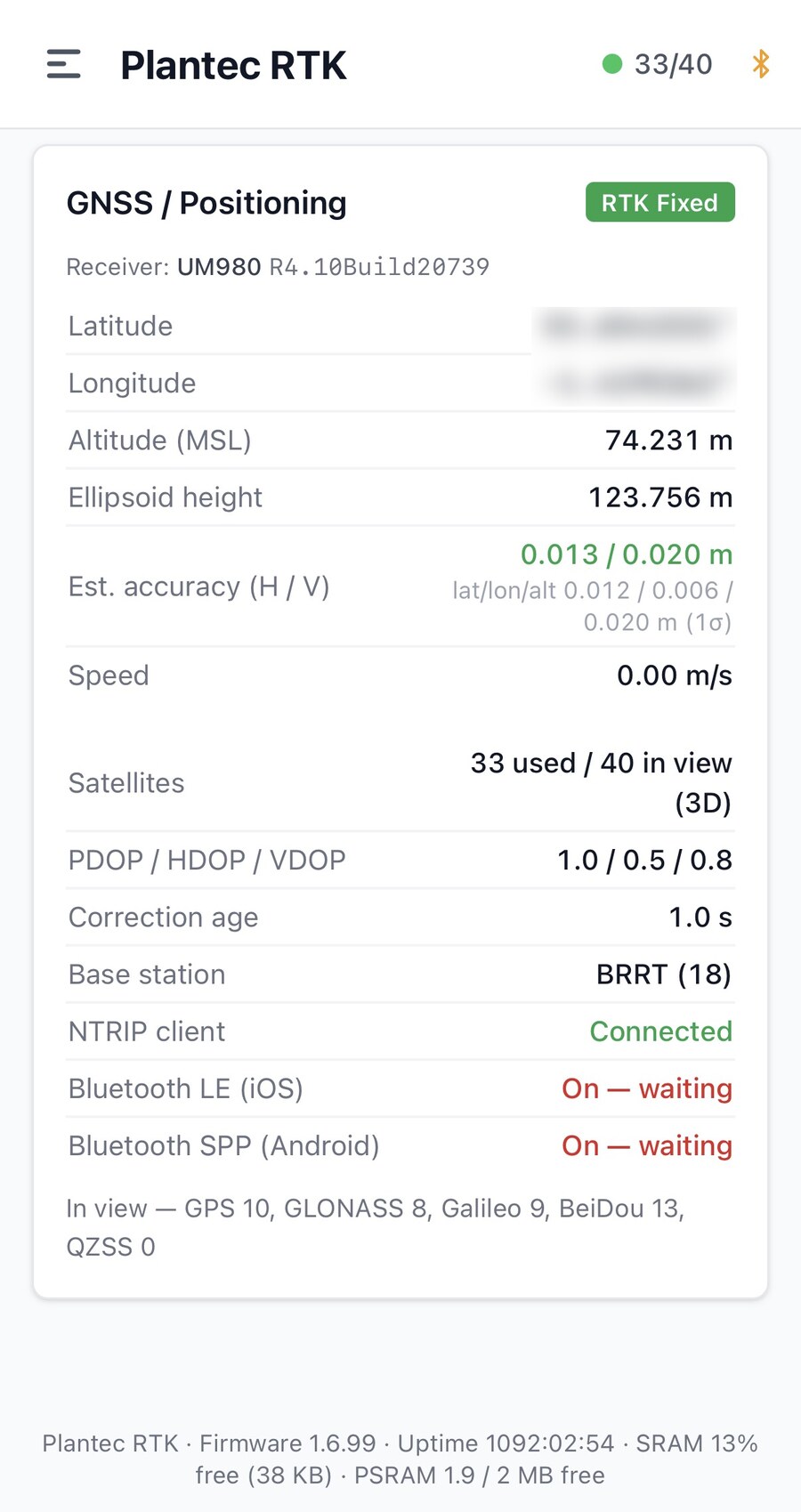 The rover's built-in web interface showing an RTK Fixed solution with 33 of 40 satellites in use, 1.3cm horizontal accuracy and a connected NTRIP client